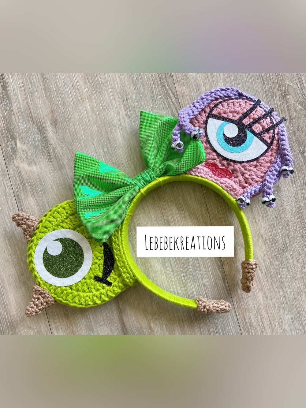 Handmade Crochet Kids Green Monster Headband with Purple Eye Accent
